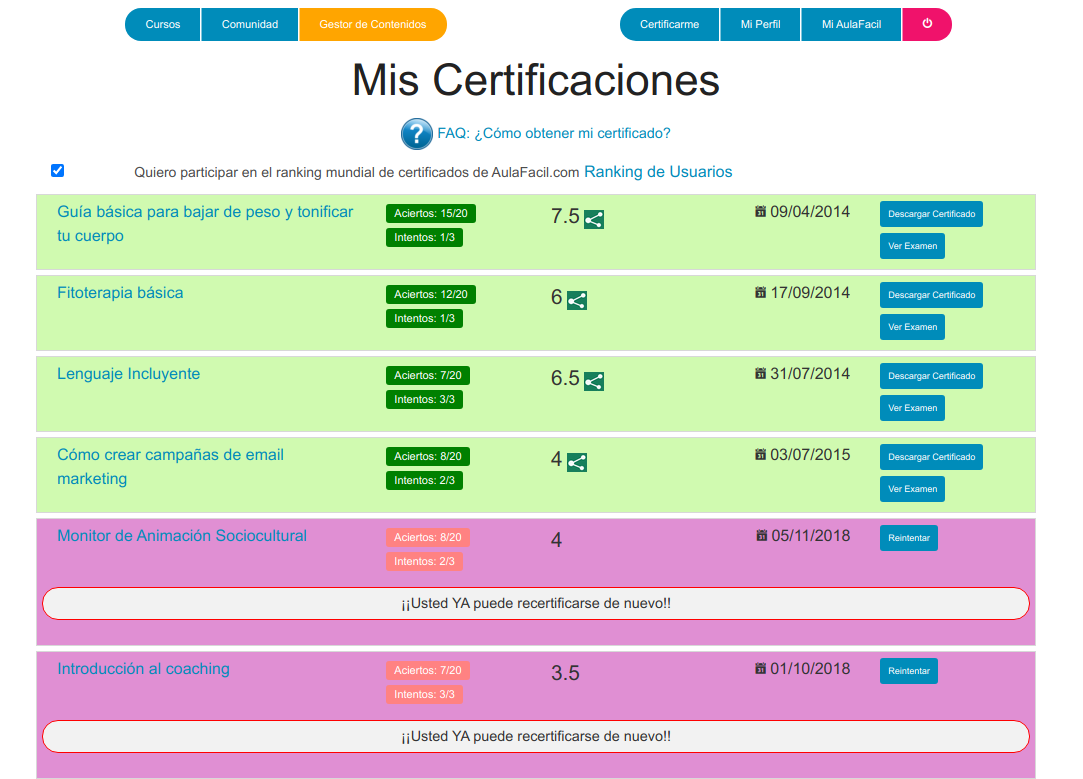 Plataforma de certificaciones en Aulafacil.com
